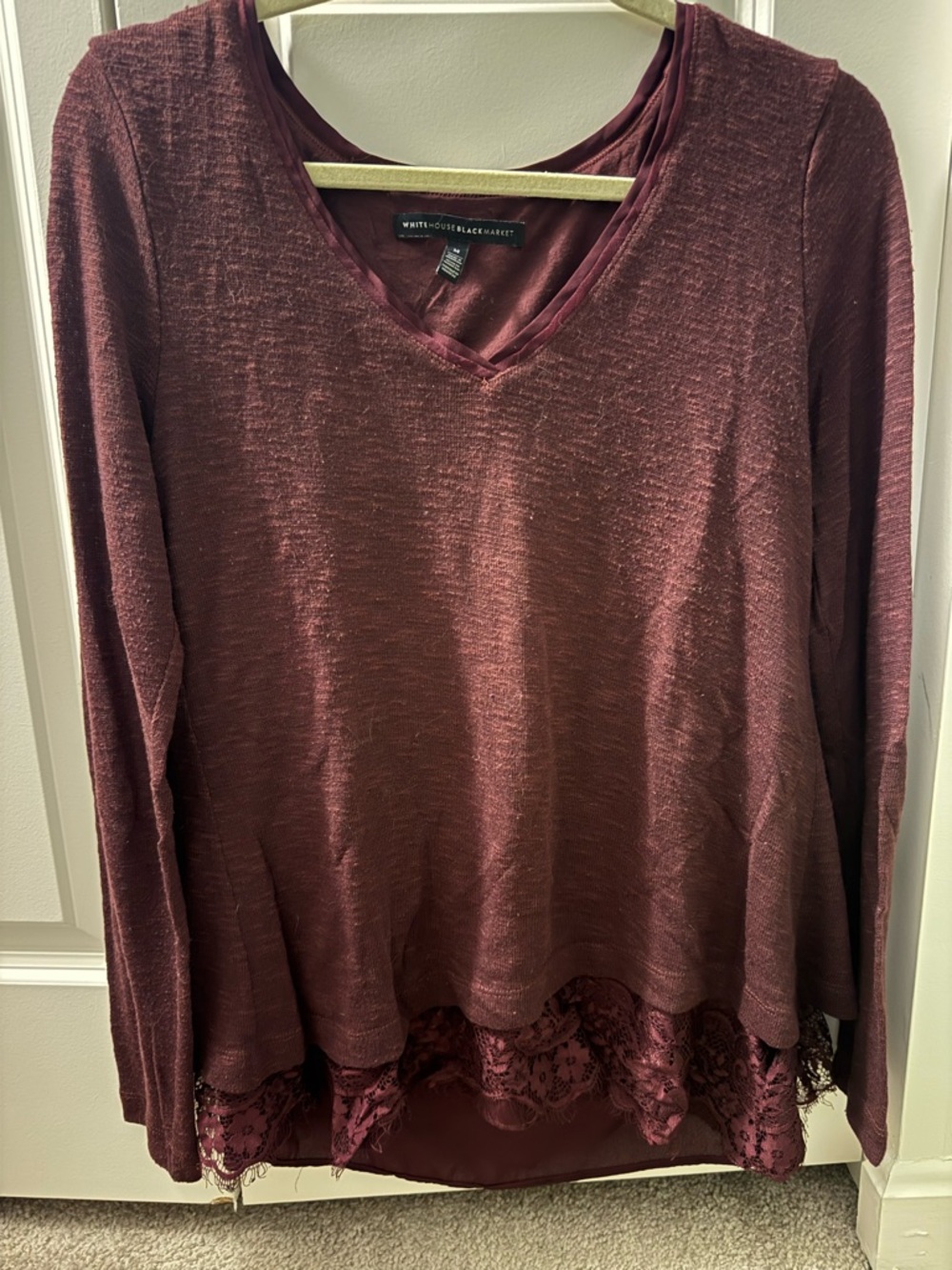 White House Black Market Women's Burgundy V-Neck Lace-Hem Top